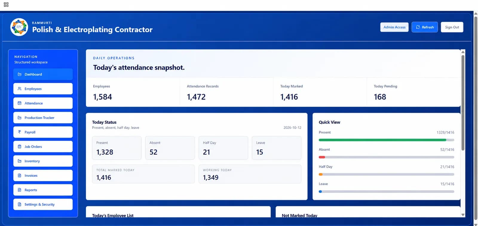 Rammurti ERP attendance and daily operations dashboard