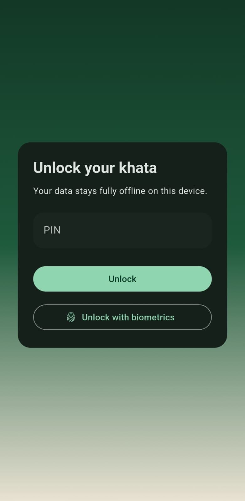 Vyapaar Khata secure offline PIN and biometric login screen